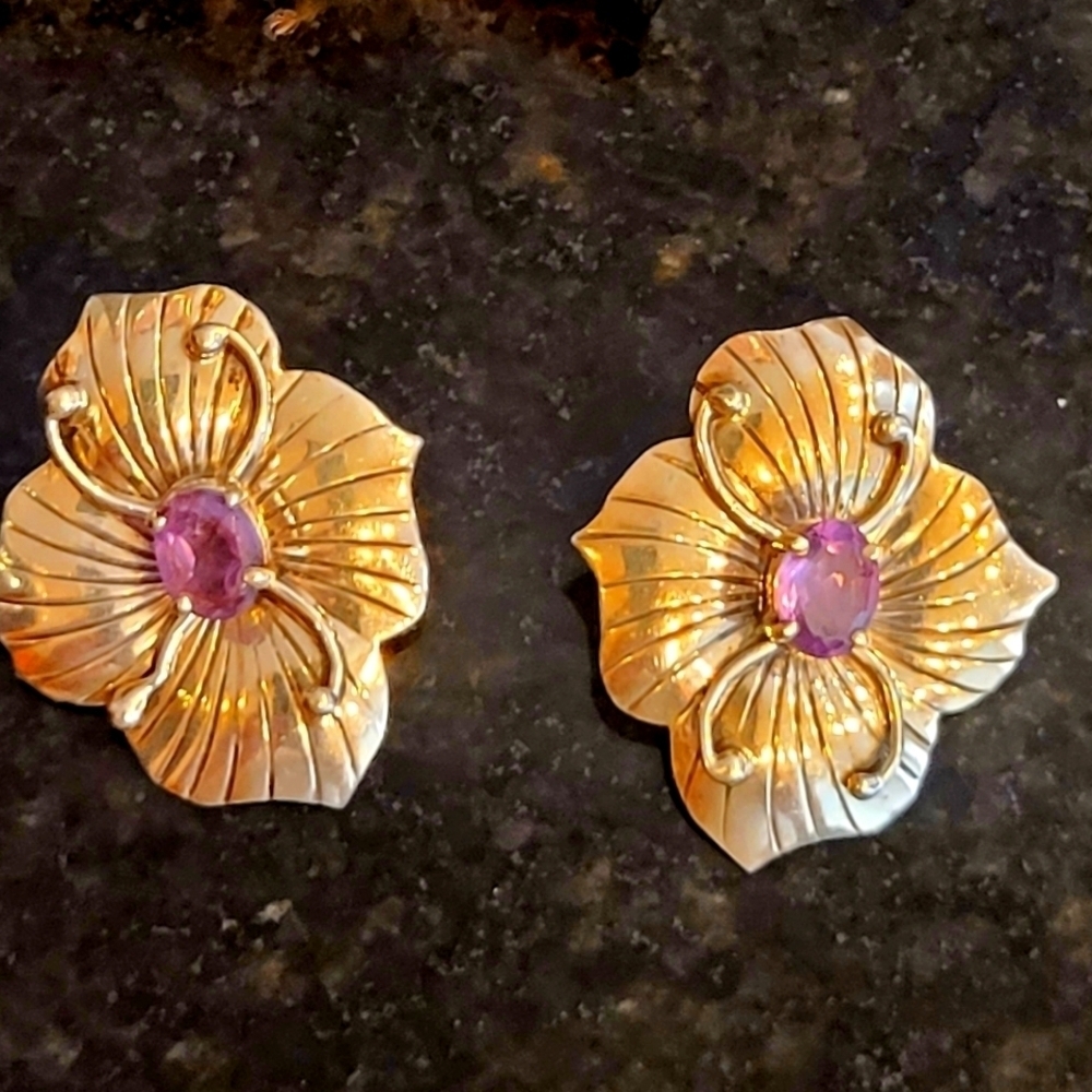 Carol Felley style Sterling Silver and Amethyst earings, Vintage Floral earings.